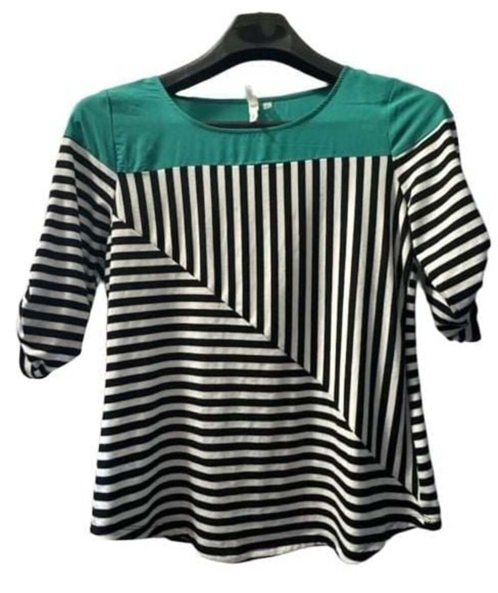 My Collection Women's Green Black White Striped 3/4 Roll Tab Sleeve Tunic Blouse